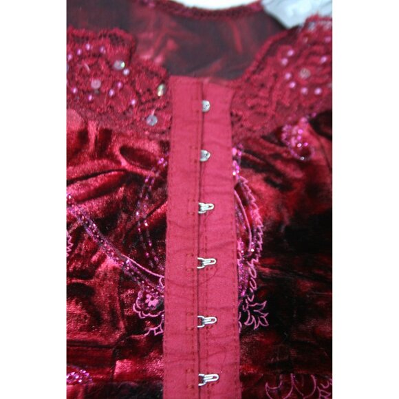 VTG Rave Red Velvet Burnout Corset Tank Top Size M Y2K Fairycore Gothic Hook‑Eye - Picture 3 of 8